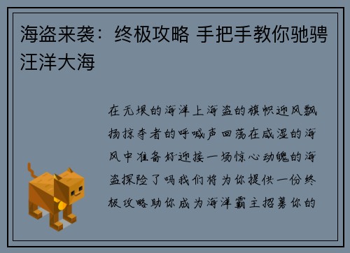 海盗来袭：终极攻略 手把手教你驰骋汪洋大海