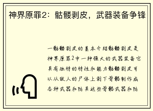 神界原罪2：骷髅剥皮，武器装备争锋